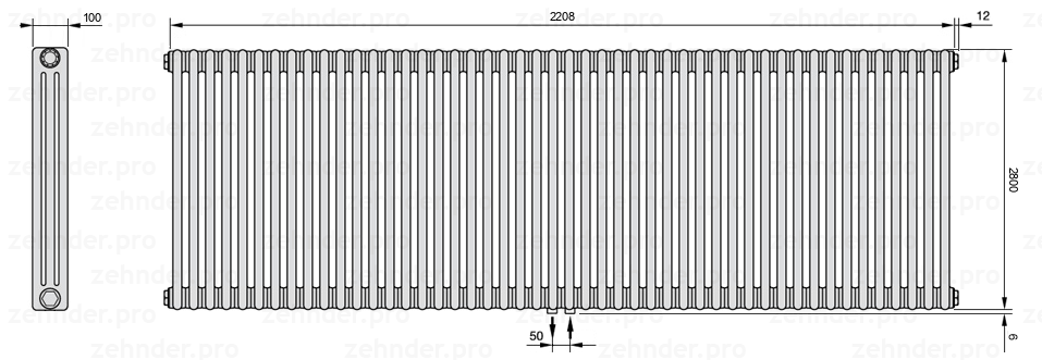 Схема (чертеж) Радиатор Zehnder Charleston 3280/48 №5410 Белый глянцевый RAL 9016